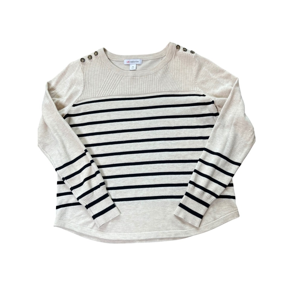 Liz Claiborne‎ Women Cream Black Striped Button Shoulder Knit Sweater Size PM
